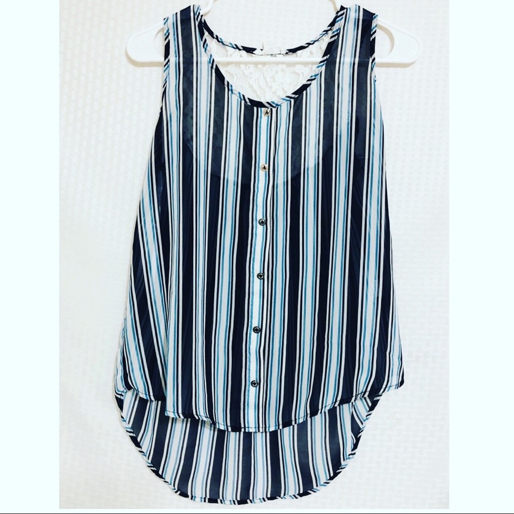 🌹 Striped Button Down Blouse  Lace Back, Sheer